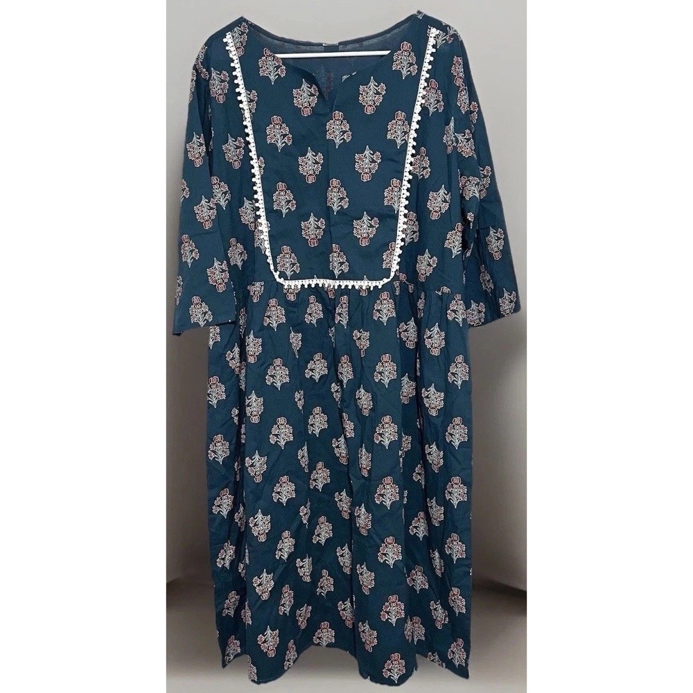 XL LOVE by Janasya Teal Cotton Floral A-Line Kurta Tunic 7XL PJNE3813-KR-7XL